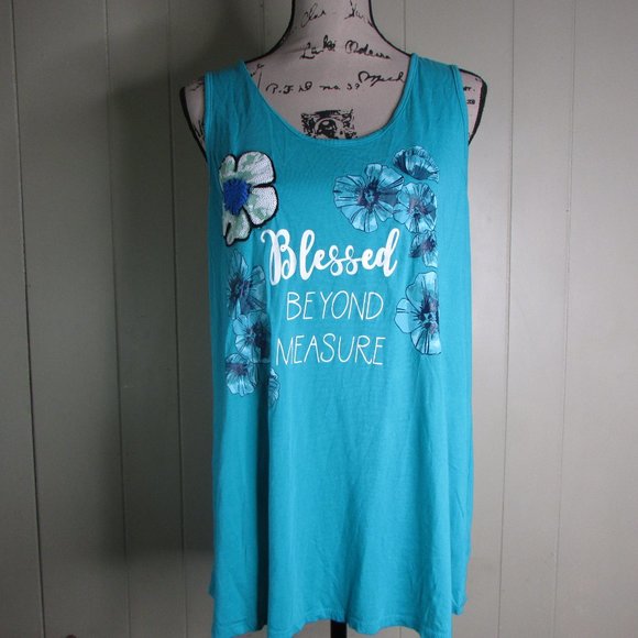 Est 1946 Sleeveless Blouse L Blessed Beyond Measure Floral Green Teal - Picture 1 of 14
